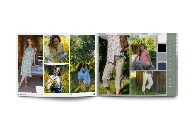 Aventura Clothing catalog spread open.